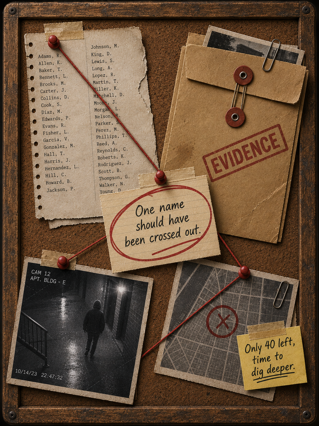 A case file board: photos, map, fingerprints, and red string on a manila folder